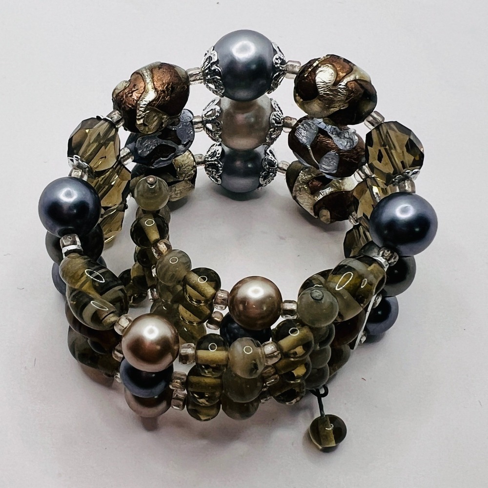 Multi Strand Memory Wire Wrap Bracelet Faux Pearl Art Glass Beads Earthy Tones